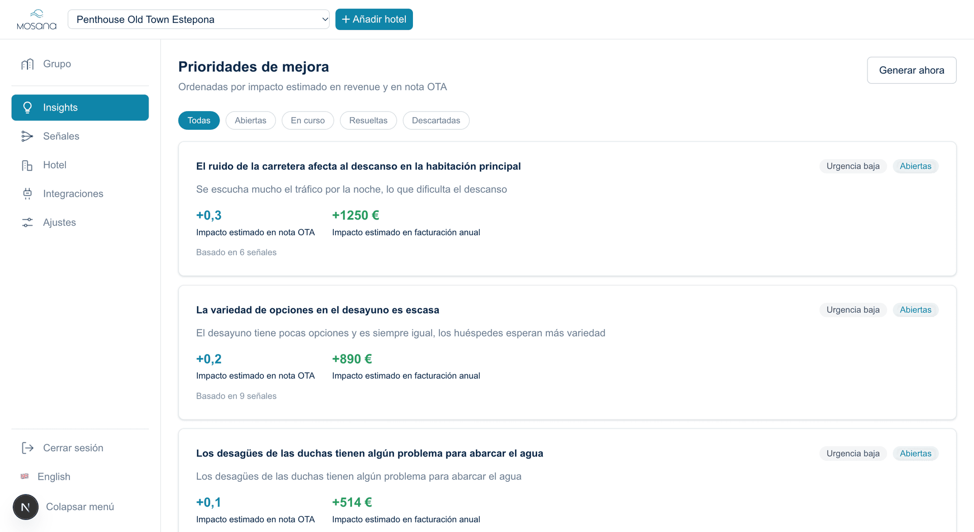 Panel de Mosana — señales de huéspedes priorizadas por impacto en ingresos